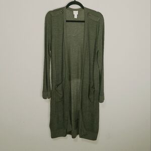 Chicos Open Front Cardigan Size 2 Olive Green Knit Shimmery Lightweight Duster